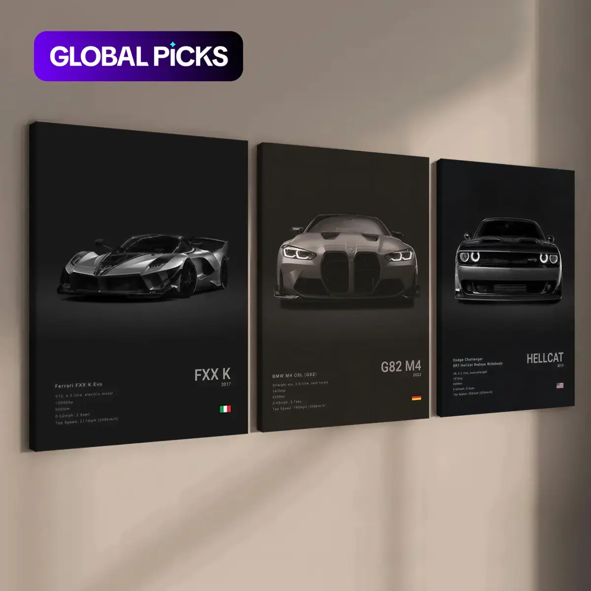 Set of 3 Wooden-Framed Supercar Canvas Prints, Triple Canvas Painting, Car-Themed Wall Art for Men's Bedroom or Living Room, Ideal Gift for Automotive Enthusiasts