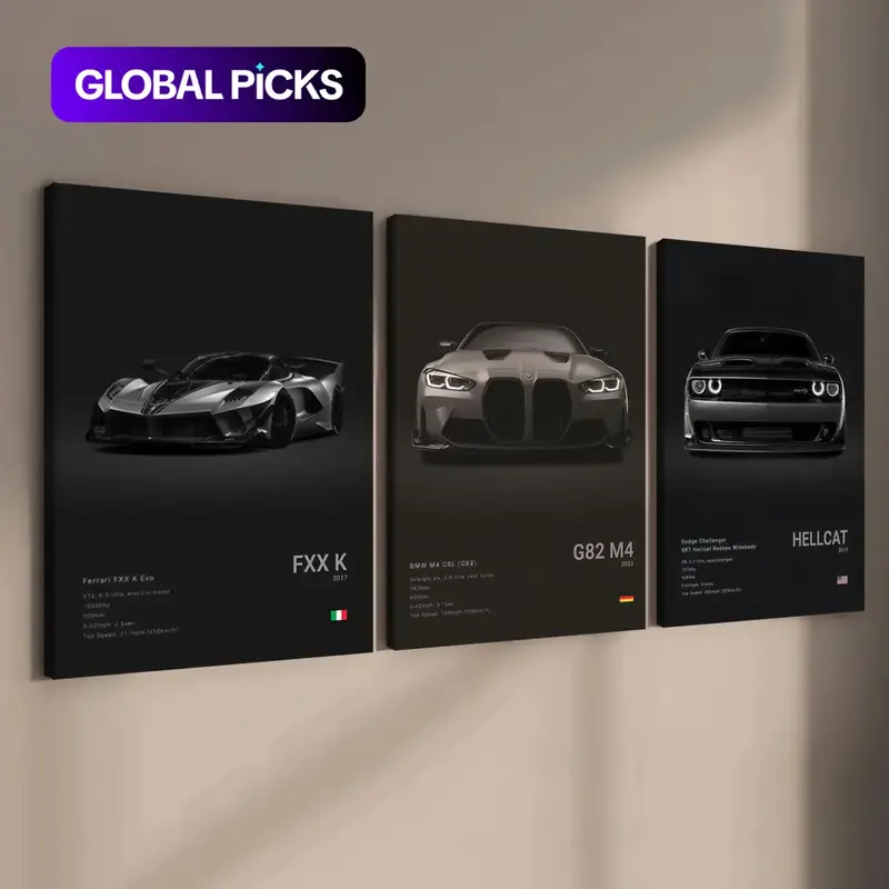 【Black Friday】Set of 3 Wooden-Framed Supercar Canvas Prints, Triple-Panel Car-Themed Wall Art for a Men's Bedroom or Living Room, Gift for Automotive Enthusiasts #GLOBAL PICKS