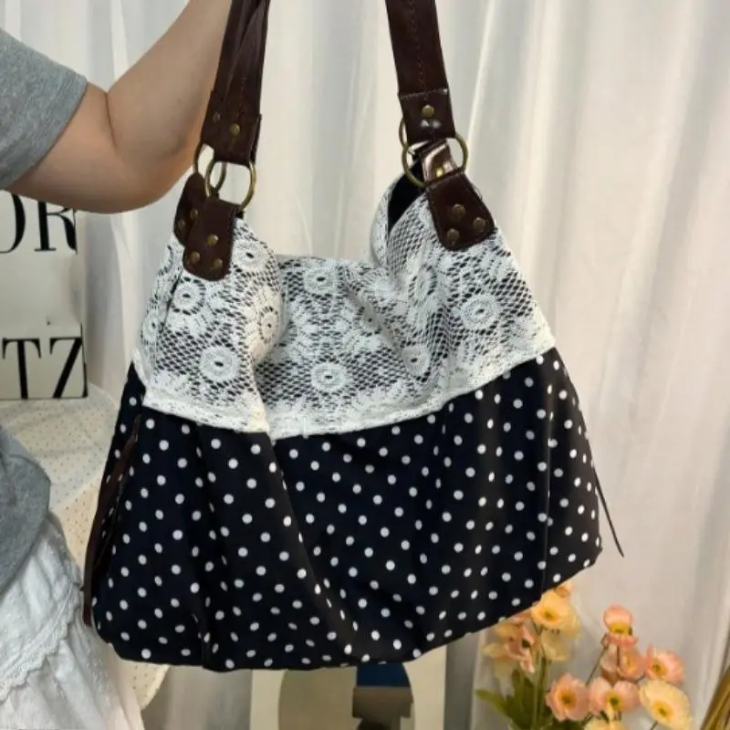 2026 New Mori-Style Vintage Floral Print Patchwork Look Tote Bag, Retro Chic Lace Trim Sturdy Straps Canvas Tote, Casual Shoulder Handbag for Work, Daily Use, Tote Bags, Bags For Everyday