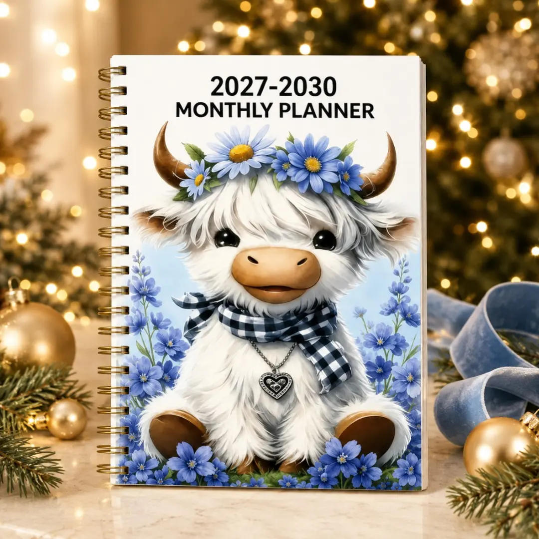 2027-2030 Calendar - From January 2026 to December 2030, 5-year calendar, cartoon Highland cow themed cover design, annual calendar planning, month labels, 13.97 cm X 21.08 cm, Planner Notebook, Monthly Planner, Cute Planner