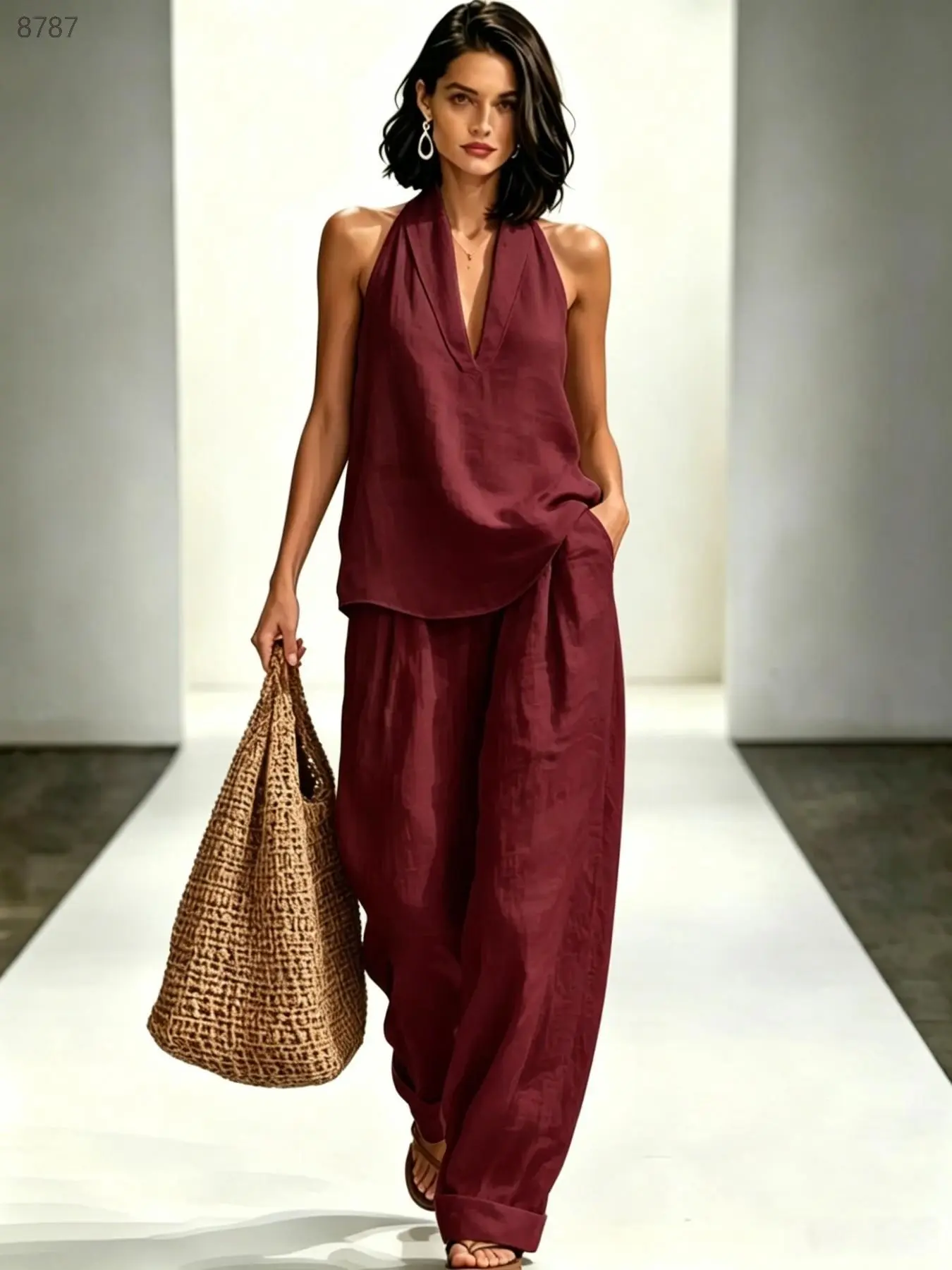C8787 Ladies Summer Vacation Two Piece Active Outfit, Halter Sleeveless V Neck Tank & Loose Wide Leg Trousers, Casual Boho Beach Matching Set For Trips & Daily Lounging.