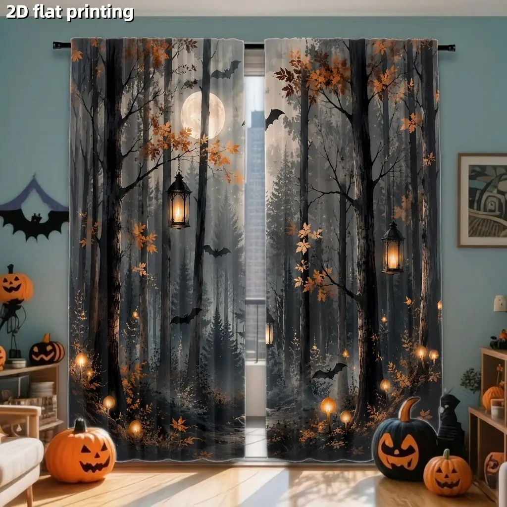 2Pcs Halloween Forest Curtains with Lanterns and Bats, Full Moon Scene, Dark Woods Themed, Digital Printing, Light Filtering, Polyester Curtain for Living Room, Bedroom, Home Decor, Home Decoration Curtain, Window Drapes
