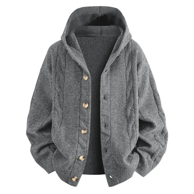 Men's Autumn Winter Hooded Cable Knit Cardigan, Single Row Wooden Buttons, 3D Twisted Texture, Oversized Drop Shoulder Fit, Soft Skin-Friendly Knit Fabric, Suitable For Daily Commuting & Citywalk Casual Outfits