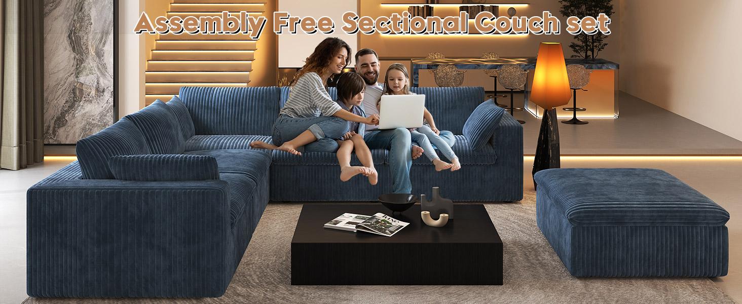 ARCH 78.74" L Shaped Modern Sofa Modular Sectional Cloud Couch with Ottoman,Upholstered Couches with Plush Corduroy Fabric for Living Room Furniture,Bedroom and Apartment,No Assembly Required,Blue