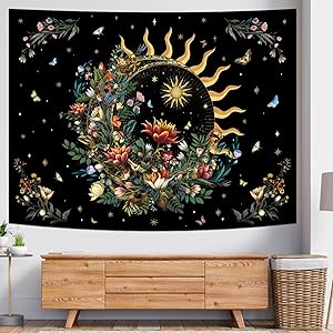 Floral Plants Tapestry Sun and Moon Tapestry Retro Botanical Flowers Butterfly Tapestry Black Starry Sky Wall Tapestry Vintage Boho Aesthetic Tapestry Wall Hanging for Bedroom