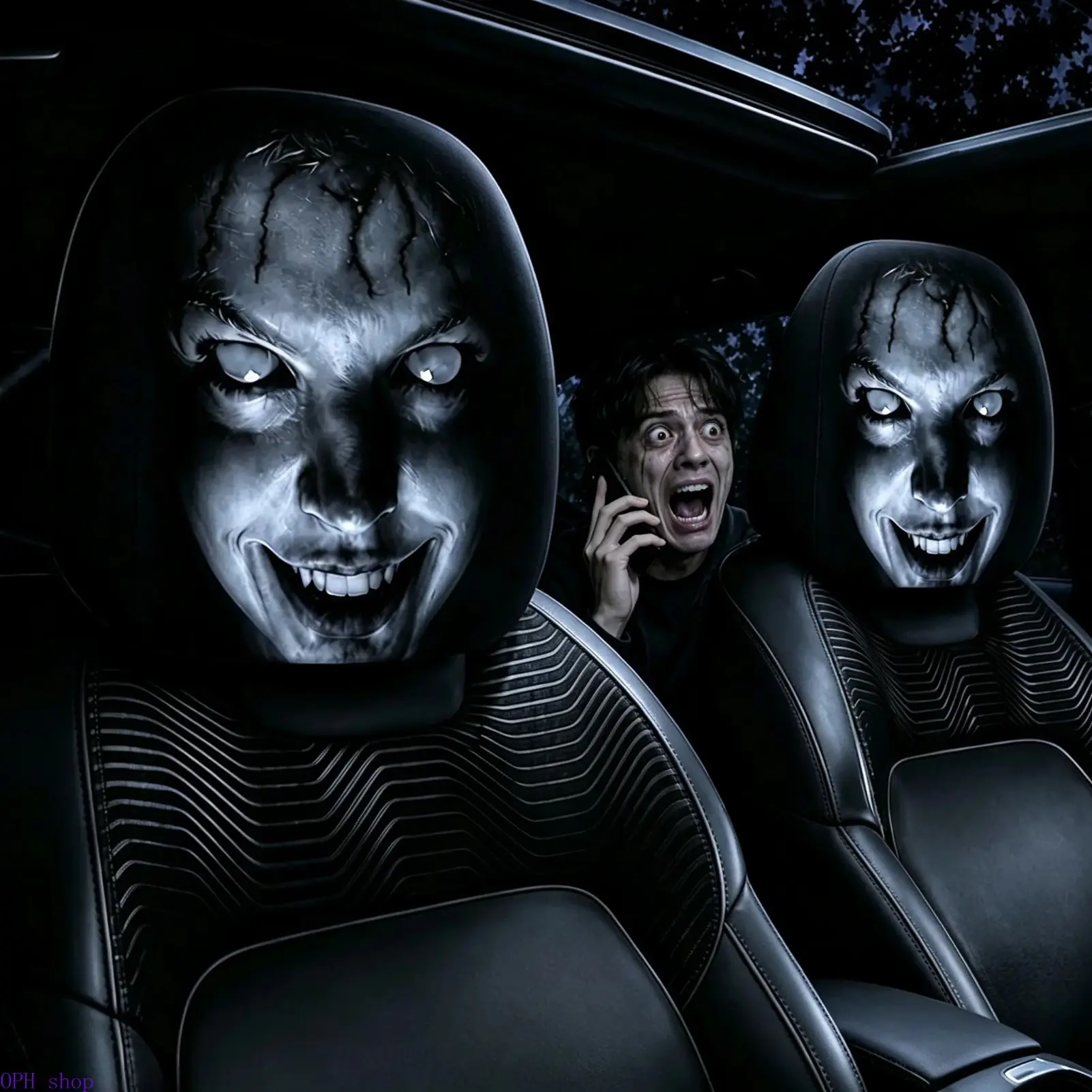 Spooky Ghost Face Double Sided Car Headrest Cover Elastic Stretch Universal Fit Seat Protector, Washable Horror Prank Auto Interior Accessory Halloween Themed Vehicle Decor
