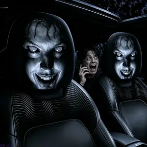 Spooky Ghost Face Double Sided Car Headrest Cover Elastic Stretch Universal Fit Seat Protector, Washable Horror Prank Auto Interior Accessory Halloween Themed Vehicle Decor