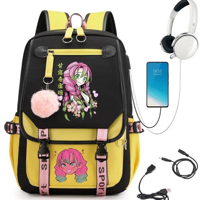 Demon Slayer Kanroji Mitsuri Backpacks Teenarges Schoolbag Anime USB Charge Laptop Travel Outdoor Bag Color Blocking Mochila