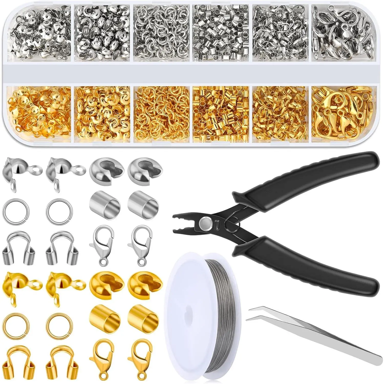 1200 count Crimp Beads Supplies for  Making, Including Crimp Covers, Crimp Tubes and Wire Guardians, Lobster Clasps, Jump Rings, Crimping Pliers and Beading Wire for Bracelets Making