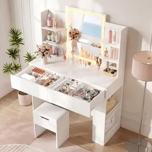 Modern Makeup Vanity Table with LED Lighted Mirror, Adjustable Brightness 3-Tone Lighting, 2 Drawers and Side Storage Cabinet Bedroom Dressing Station