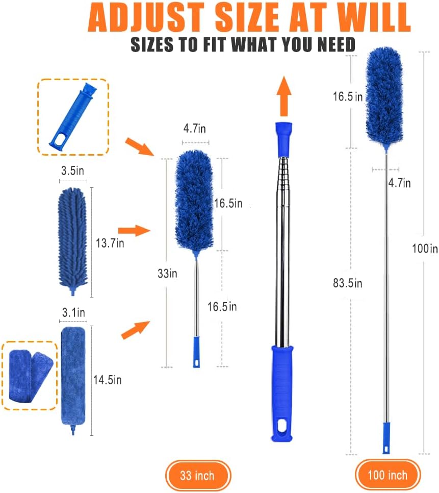 Microfiber Duster, 6 count Washable Bendable Dusters with 100" Telescopic Pole, Cobweb Cleaner for Ceiling Fans, Lights, Blinds, , Furniture (Blue) Microfiber Duster, 6 count Washable Bendable Dusters with 100" Telescopic Pole, Cobweb Cleaner for Ceiling Fans, Lights, Blinds, , Furniture (Blue)