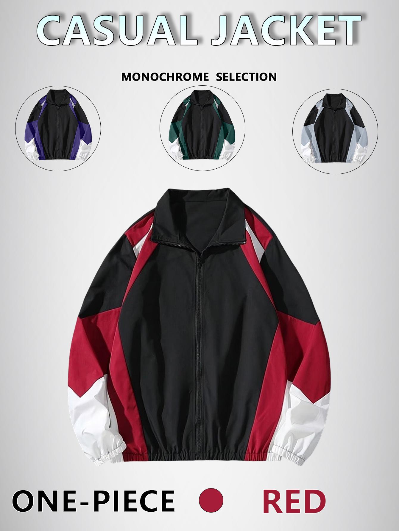 Men's Splicing Color Zip Jacket Regular Fit Casual Long Sleeve Polyester Coats Tops with Zipper for Fall Winter Daily Wear fall,outfits Menswear fits  streetwear