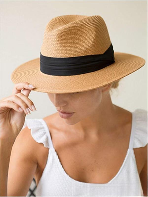 European American Style Straw Panama Hat Flat Brim Jazz Design Unisex Sun Protection Headwear For Summer Travel And Outdoor Activities