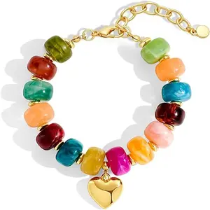 Boho Colorful Resin Beaded Bracelet for Women, Heart Charm Stackable Bracelet, Handmade Button Bead Jewelry, Vintage Coastal Cowgirl Accessories, Summer Beach Vacation Festival Gift