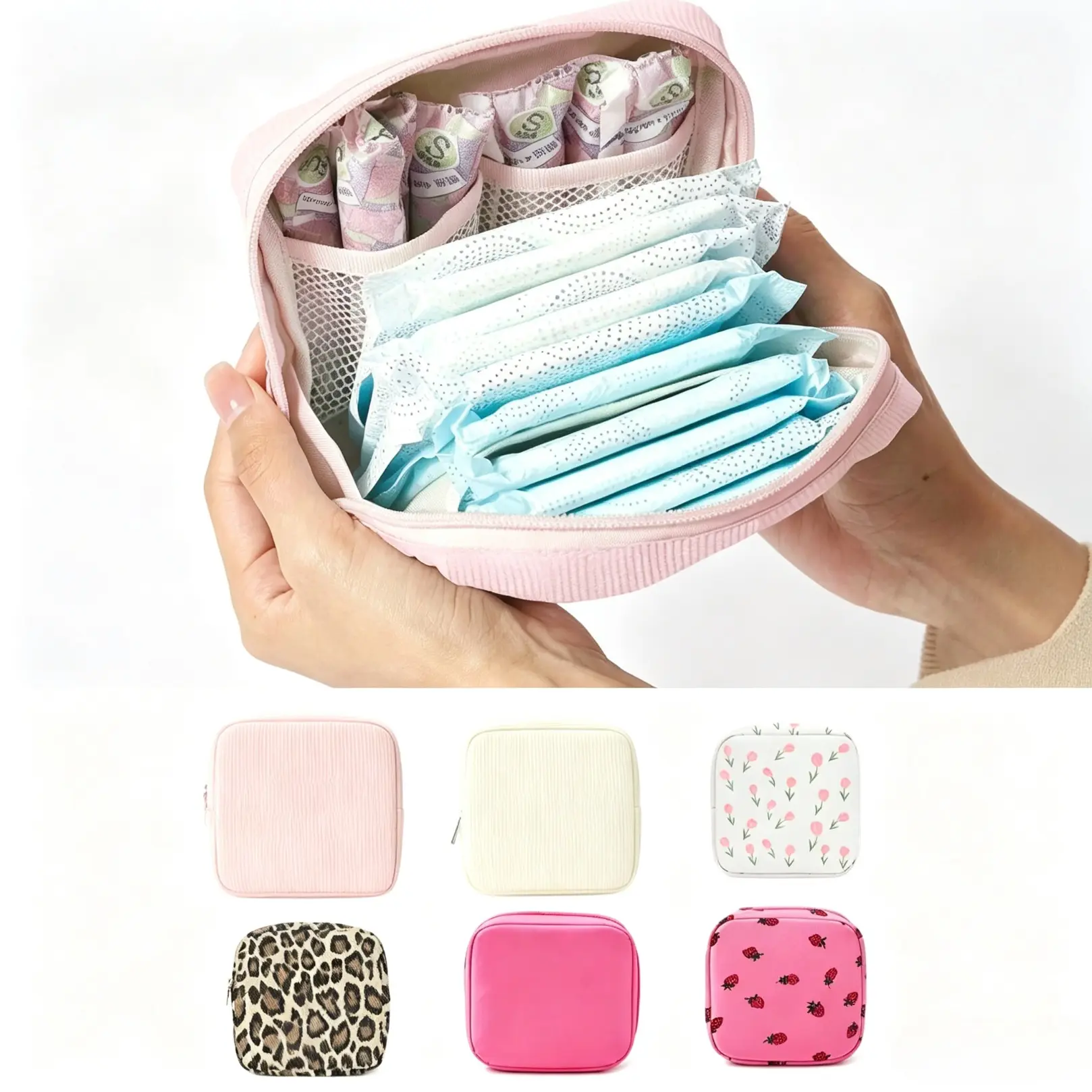 Women's Oxford Fabric Sanitary Pad Storage Pouch - 1pc Compact, Waterproof, Zipper Access Home Organizer Bag, Floral Print Travel-Ready Multi-Use Makeup Storage Solution