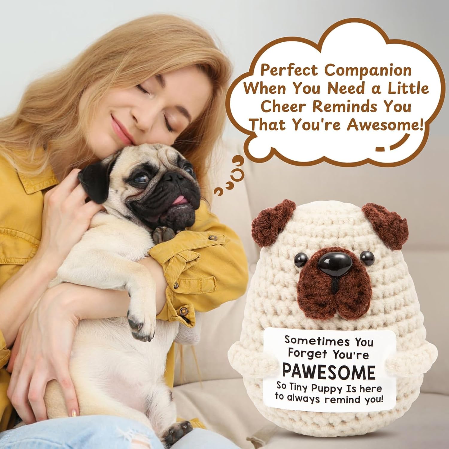 Mini Positive Crochet Dog, Handmade Emotional Support Puppy with Inspirational Message Card, Cute Stuffed Animal for Stress Relief & Encouragement, Heartwarming Gift for Friends Family