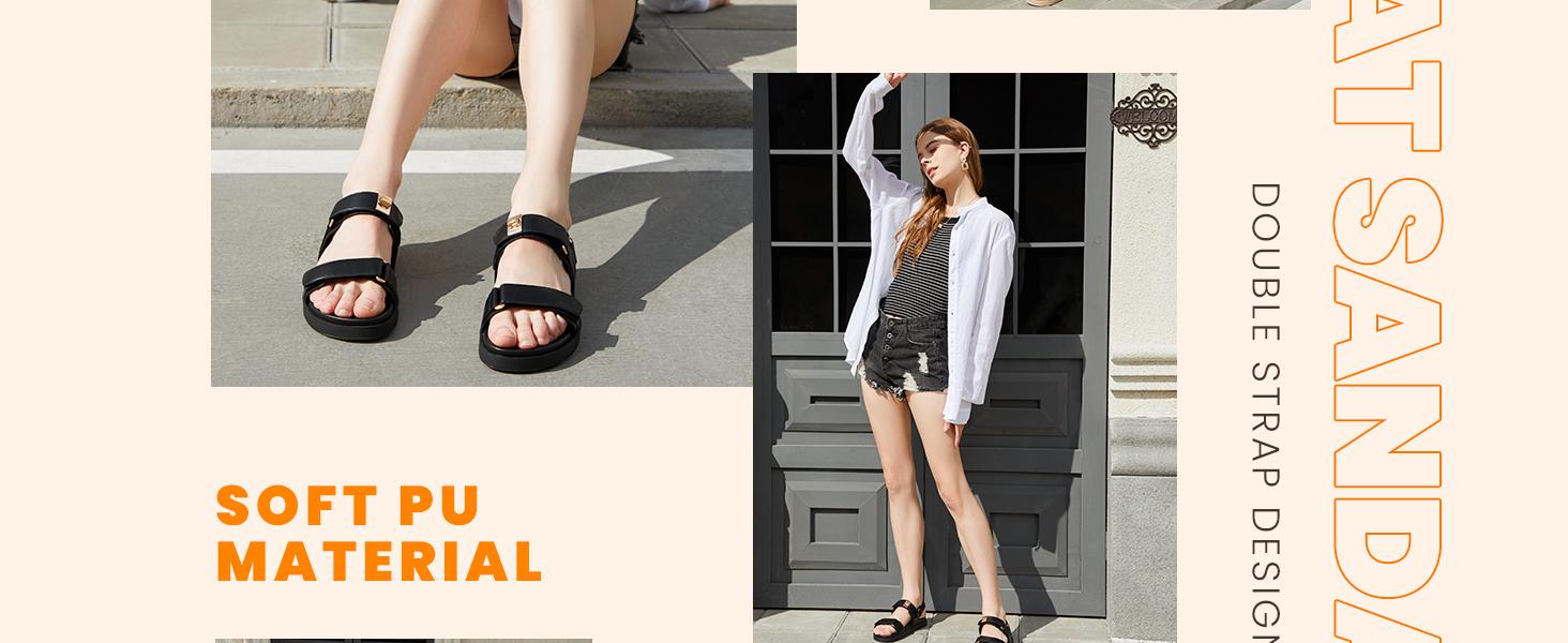 Women's Flat Sandals Comfort Adjustable Double Strap Slip on Leather Footbed Sandals Wedge Platform Footwear Walking Shoes