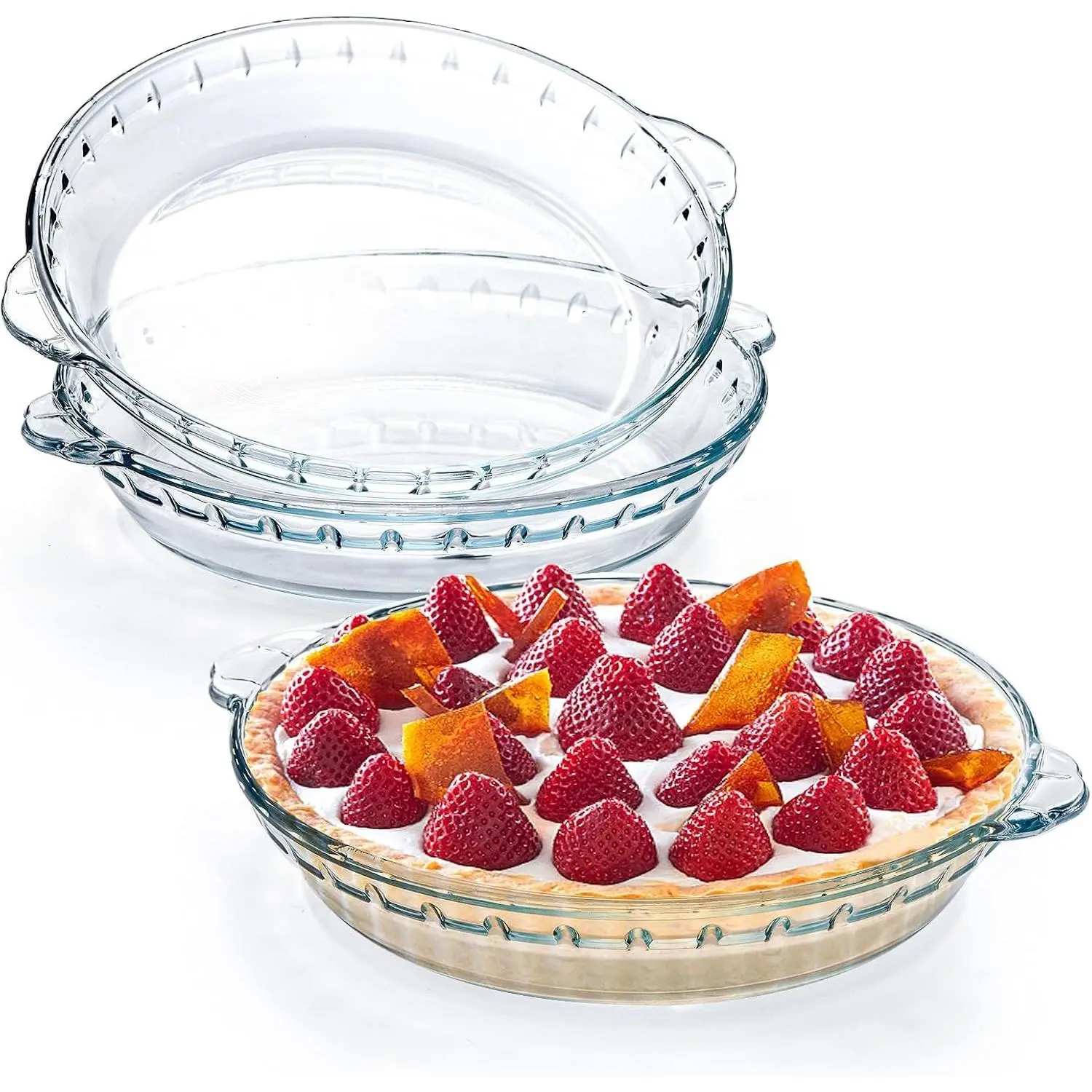 Kingrol 3 Pack 9 Inch Clear Glass Pie Plates with Handles, Multipurpose Baking Dishes Serving Plates for Snacks, Salads, Desserts