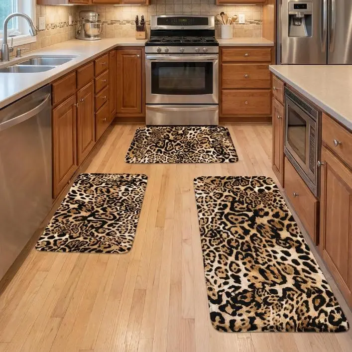 1/2/3pcs Decorative Rug, Absorbent Rug, room decoration, bathroom decoration, bathroom floor mats, kitchen floor mats, leopard-print floor mats, Modern Shaggy Rug, animal-print theme decoration, soft and comfortable surface, and fatigue relief
