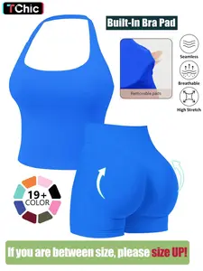 Seamless Workout Sets for Women, Halter Tank Top & Gym Scrunched Shorts Sports Set, Sporty Breathable Quick Drying Outfits for Yoga Gym Workout Running, Ladies Sportswear for Summer