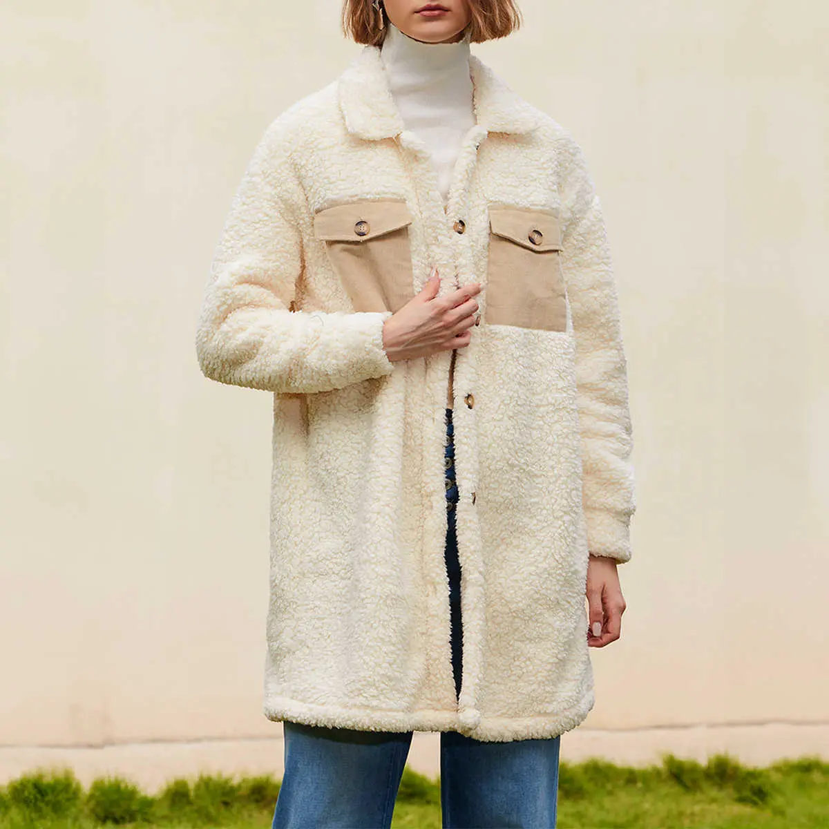 Beige Contrast Flap Pocket Single Breasted Teddy Coat