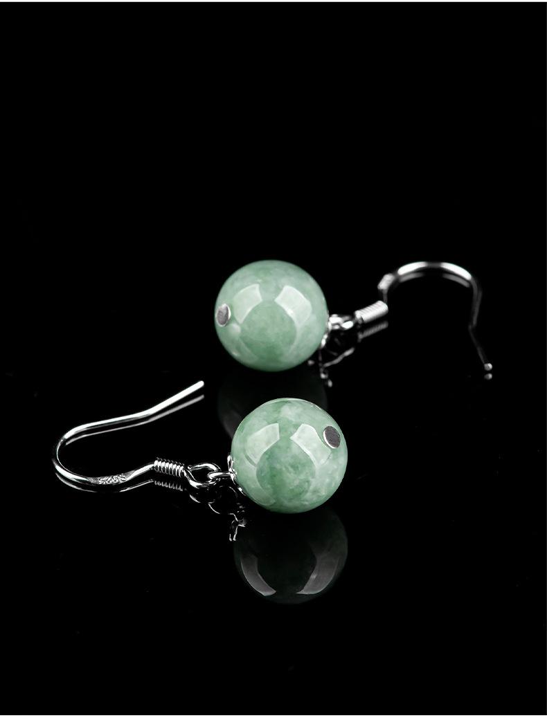 Natural A-grade jade emerald green round bead earrings S925 silver inlaid jade fashionable women's earrings and earrings with ethnic style