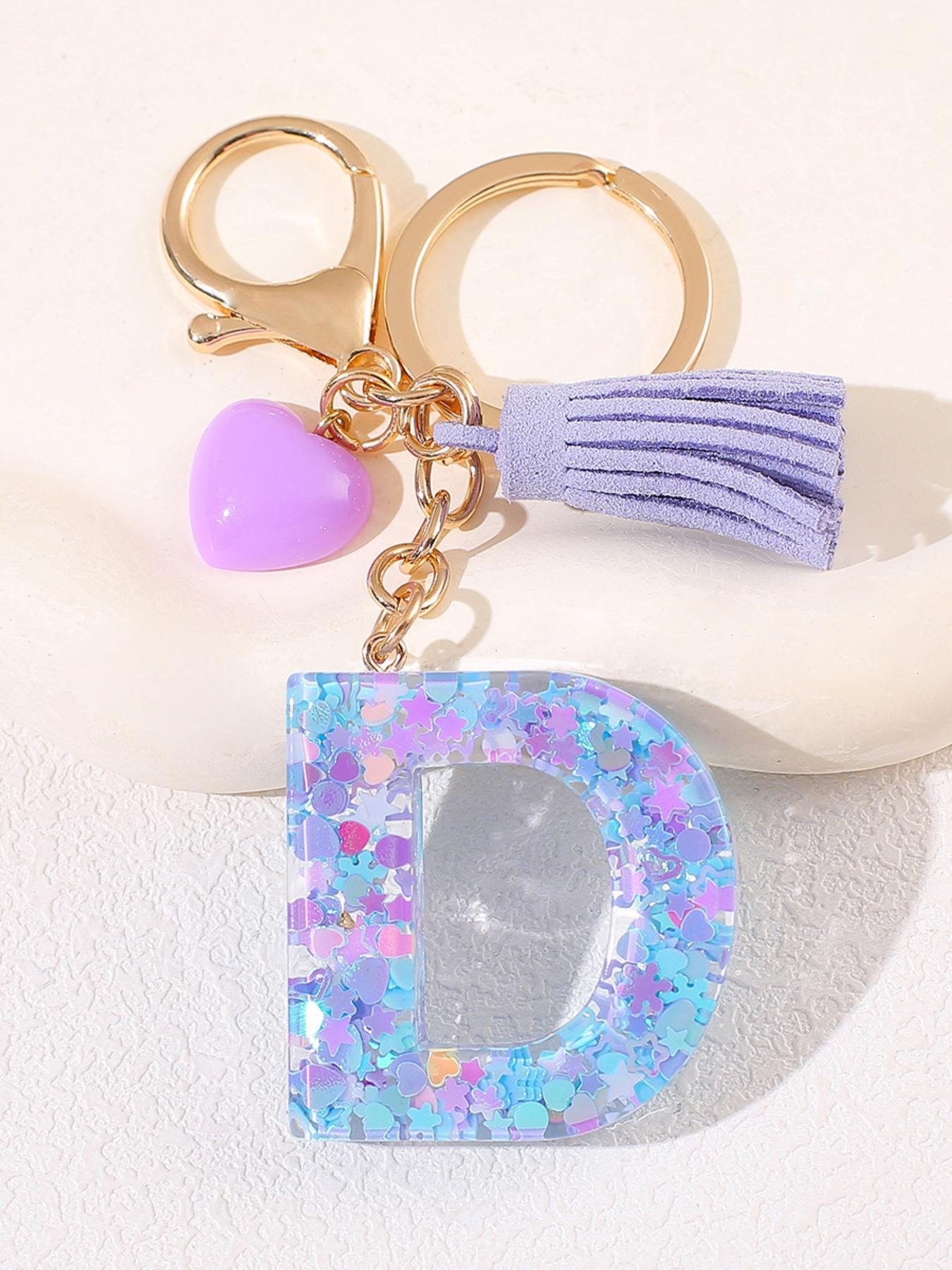 Initials Letter, Cute Heart Tassel Decor Resin Charm with Key Ring, Trendy Cute Keychain, Fashion Accessories for Women & Girls, Unique Gift Idea for Friends and Family