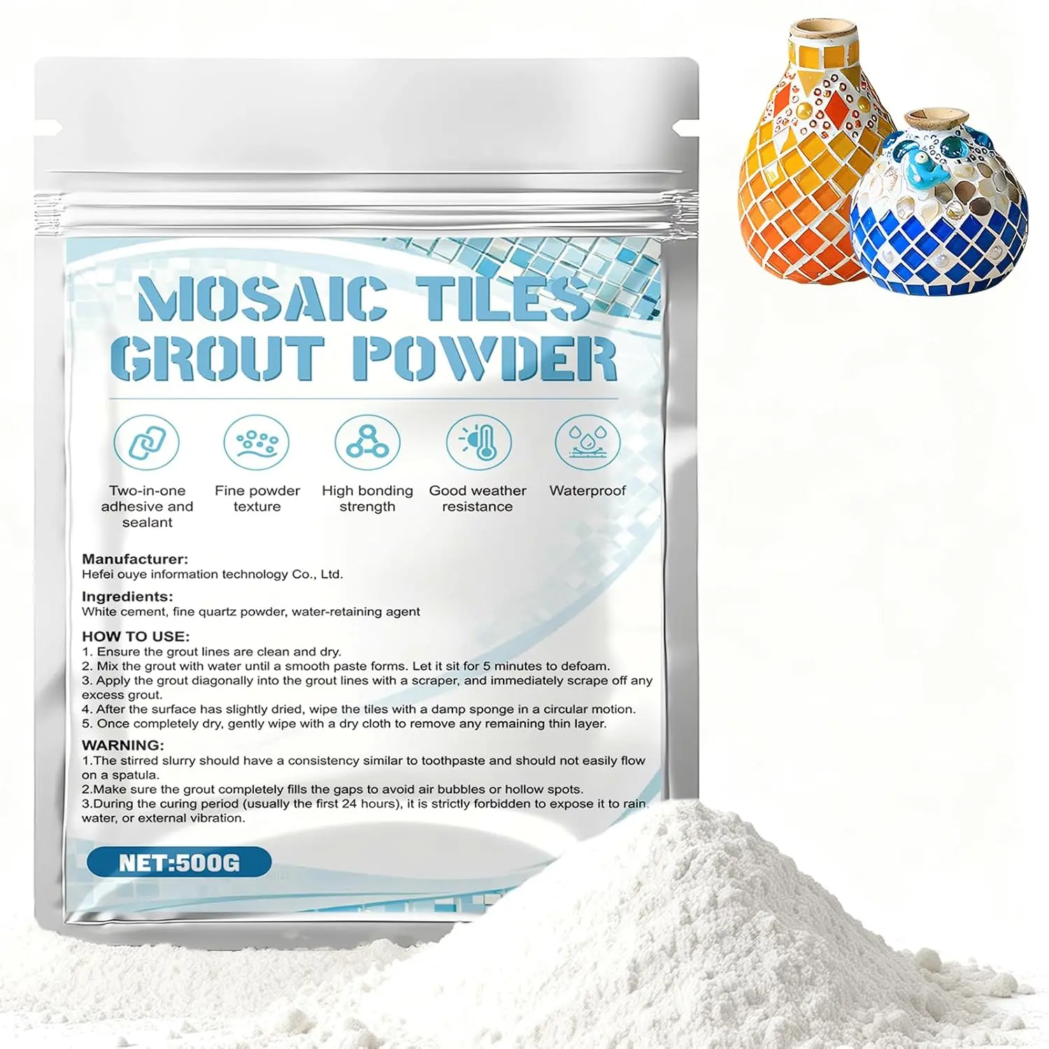 500g Mosaic Grout, Grout for Mosaic Tiles Crafts, Fine  |  Adhesion, , Non-Yellowing, Excellent Grouting Effect, for Mosaic Vases, Lamps, Coasters, Picture Frames