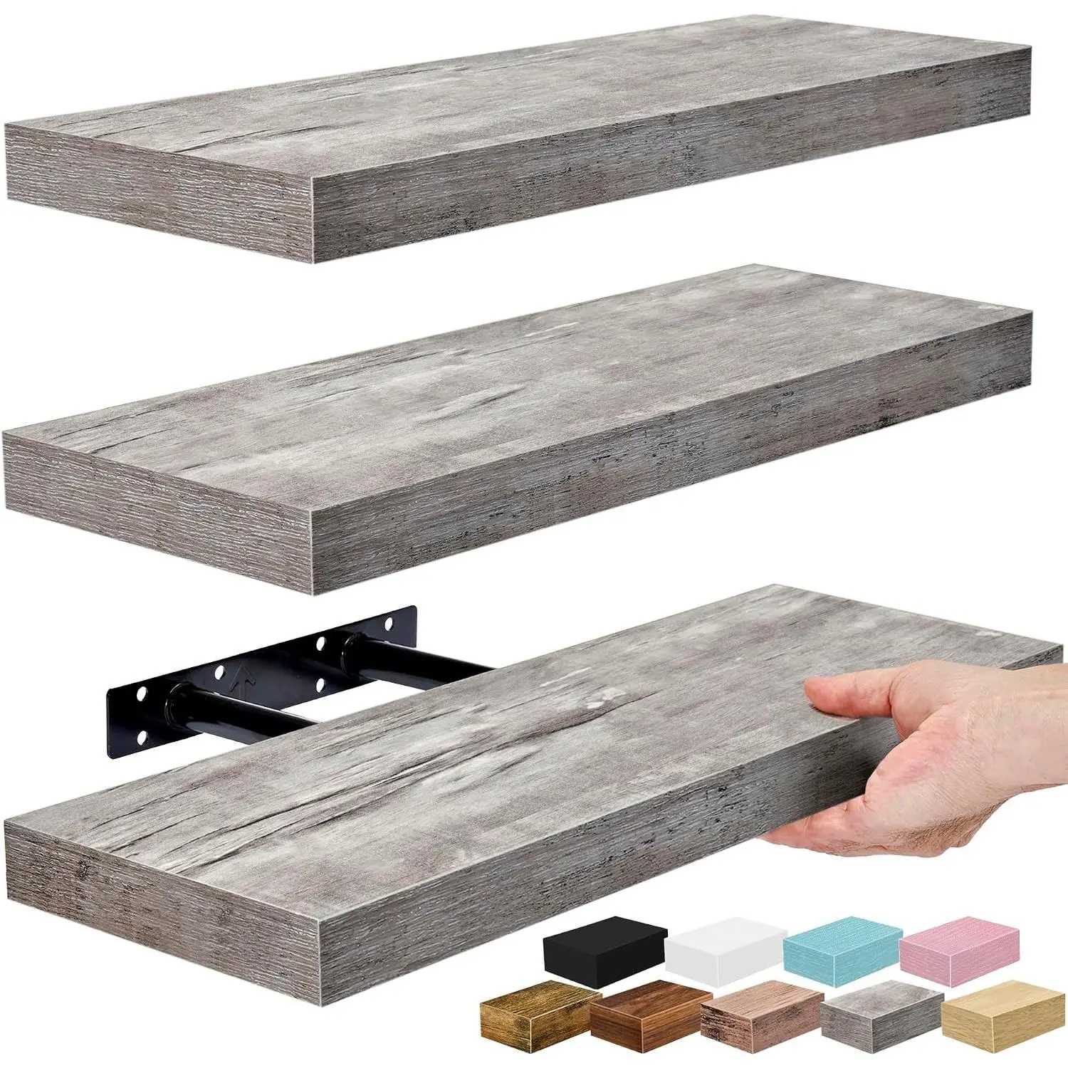 Floating Shelves for Wall – 16 Inch Floating Shelf for Kitchen, Bedroom, Living Room, Bathroom, Home & Wall Decor - Mounted Bathroom Shelves with Invisible Brackets (Grey, 3 Pack)