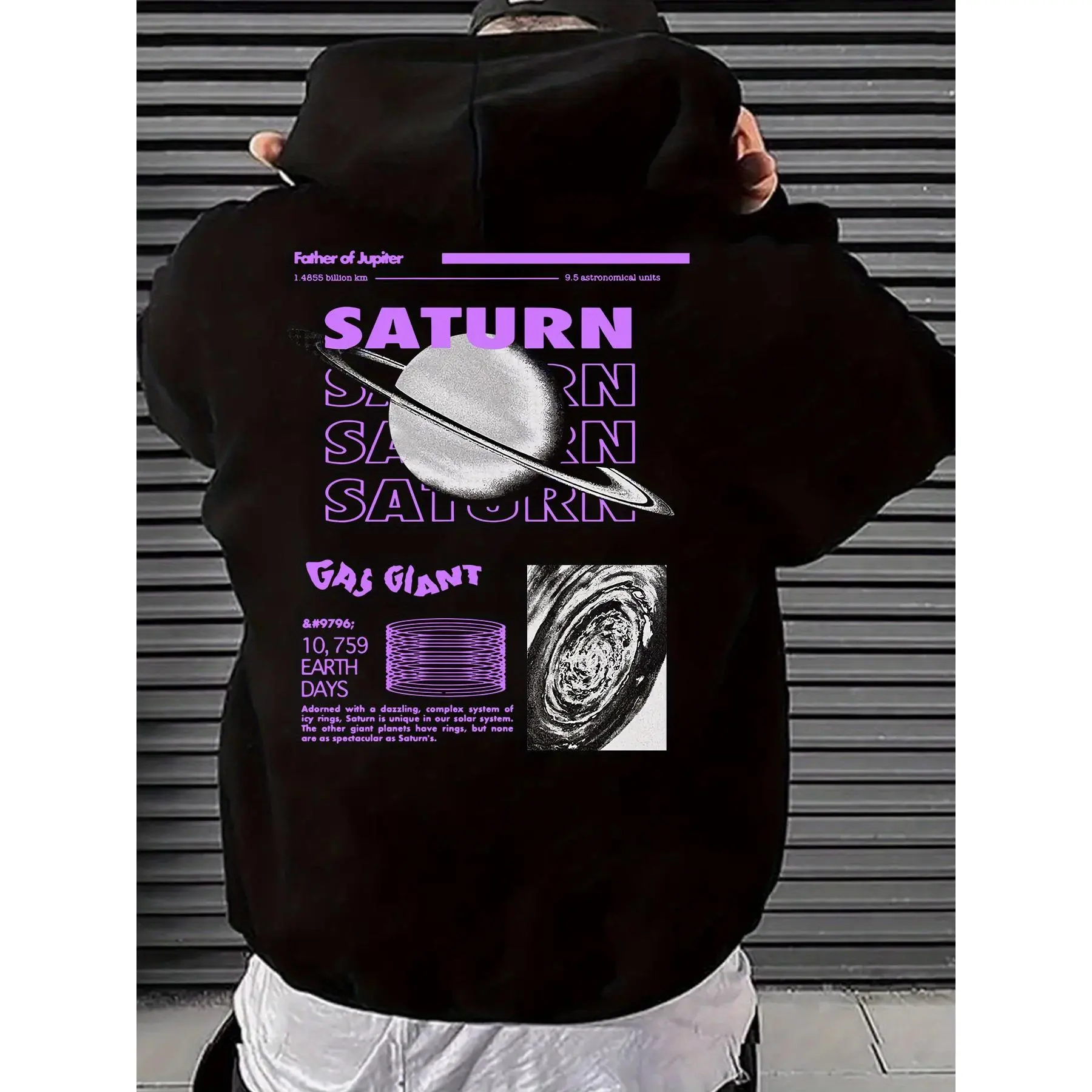 Saturn Planet Graphic Hoodie Retro Space Astronomy Back‑Print Pullover Sweatshirt Purple Letter Gas Giant Solar System Oversized Casual Street‑wear Hooded Top For Space‑themed Outfits