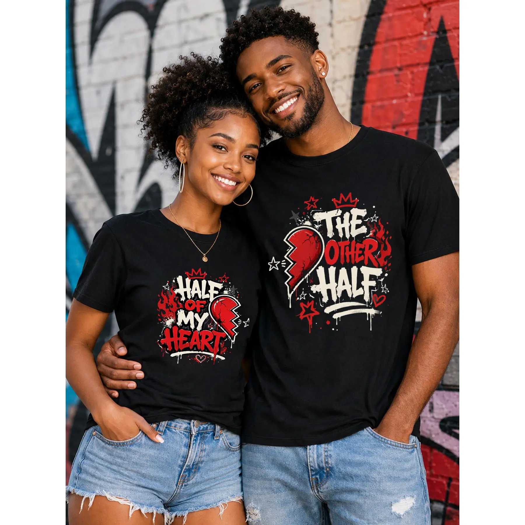 [Couple Tshirts Set] Couple Tshirts with Broken Heart Print - Matching Slogans HALF OF MY HEART and THE OTHER HALF - Great for Daily Wear, Dating, Travel, Anniversary - Sweet Gifts for Couples