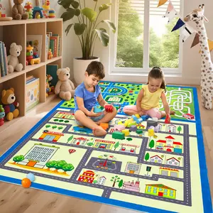 Large Washable Kids Play Mat Non-Slip City Road Race Track Rug, City Life Traffic Road Large Children Educational & Game Area Rug for Toddler Boys Girls Bedroom Playroom Classroom Nursery