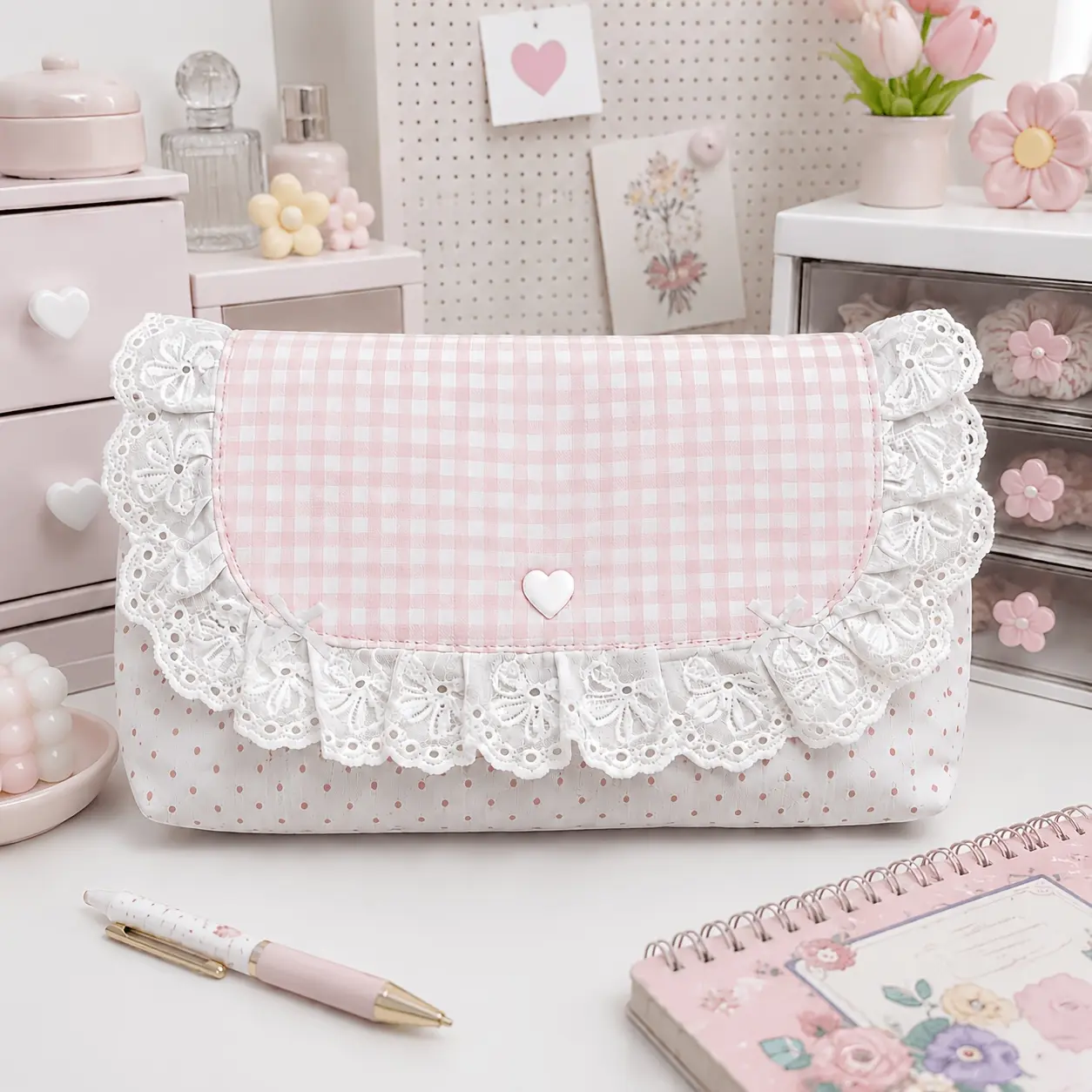 1 Pink Checkered Lace Storage Bag Compact Multifunctional Organizing Bag with Flip Cover. Very Suitable for Storing Coins, Cards, Notes, Pens, and Small Items. Soft Fabric Paired with Exquisite Lace Trim, Perfect for School, Office Organization and Travel