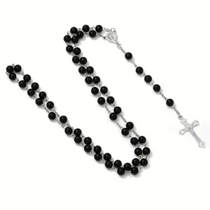 1pc Black Beaded Catholic Rosary with Silvery Patterned Crucifix - A Dignified and Classic Prayer Devotional Item