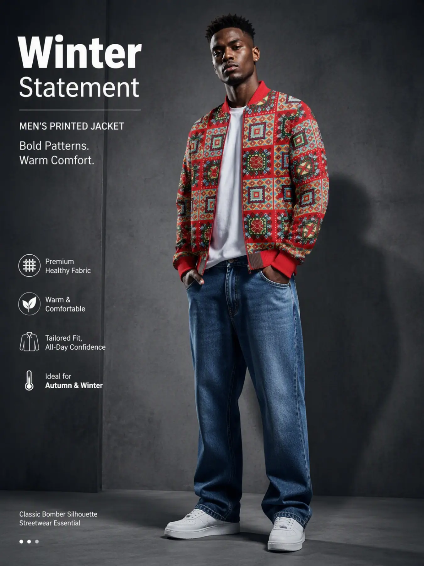 Men's Vintage Ethnic Pattern Full Zip Bomber Jacket, Aztec Geometric Print Windbreaker, Boho Streetwear Fall Winter Coat
