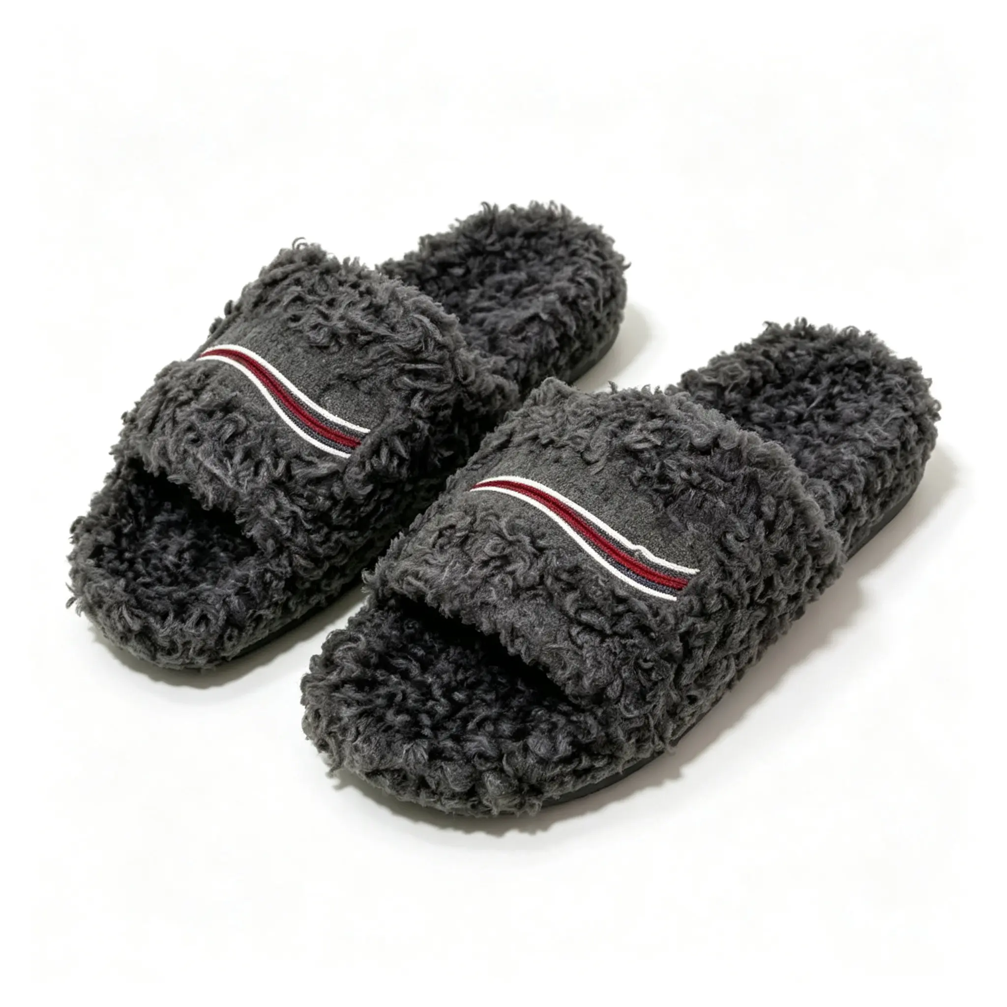 Minimalist Dark Grey Fluffy Curly Plush Slippers Exquisite Red White Stripe Embroidery Fully Plush Lined Interior Open Slide Design Soft cozy wear Stylish men woman slipper lady for Couple Household Daily Leisure Scenarios