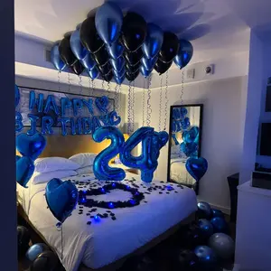 Blue Birthday Happy Air Balloon Set, Realistic Rose Petals and Heart Aluminum Film Balloons, Party, Anniversary, Home Decoration Props