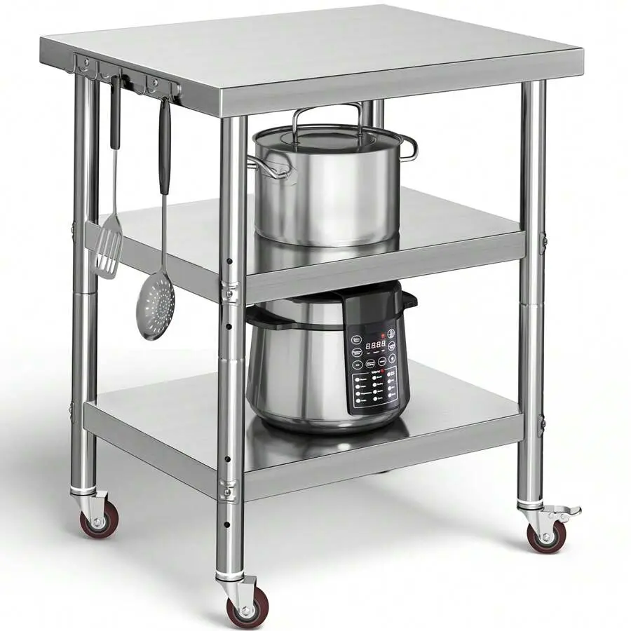 Stainless Steel Table, 30" X 24" Work Table With Wheels, 3 Shelves Metal Table Prep Table Home Restaurant Garage Outdoor