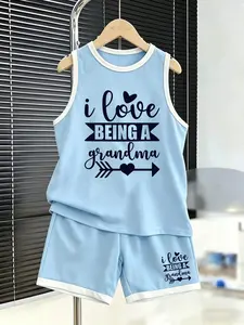 Sporty Loose-Fit Cartoon Print Set, I Love Being a Grandma Letter Design, Cozy Family Memorial Two-Piece