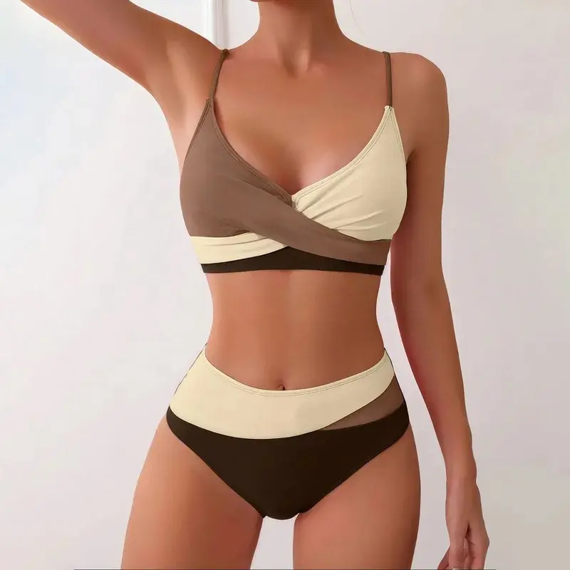 Women's High-Elastic Polyester Fabric Bikini Set - Summer Beach Swimwear with Drawstring Top, Tie-Back Fit, High Waist, Multi-Size for Beach Photography (Hand-Wash Compatible)