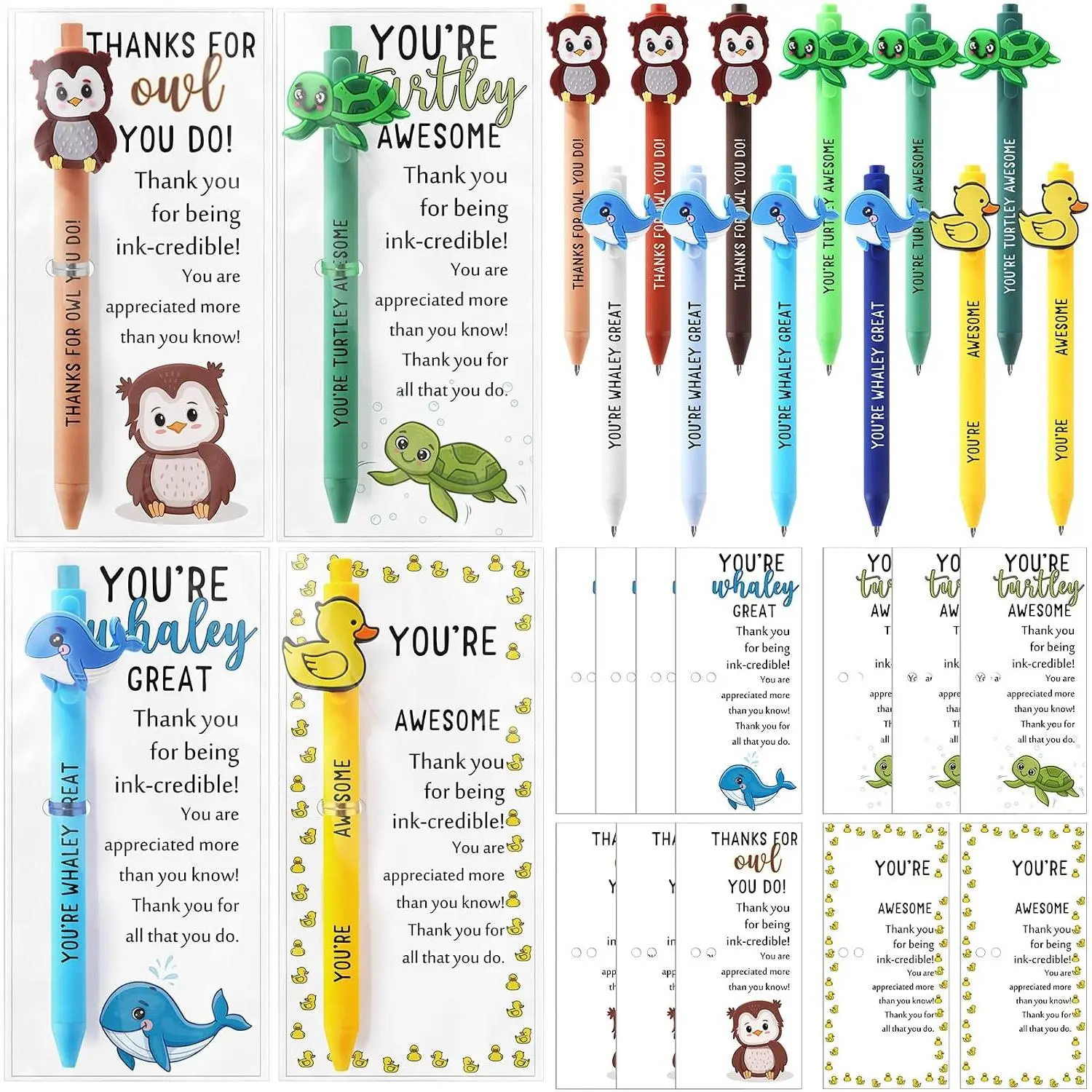 12 Sets Employee Appreciation Gifts - Plastic Animal-Shaped Ballpoint Pens with Motivational Cards for Team Gratitude (Office Stationery Writing Tools), Animal Shapes