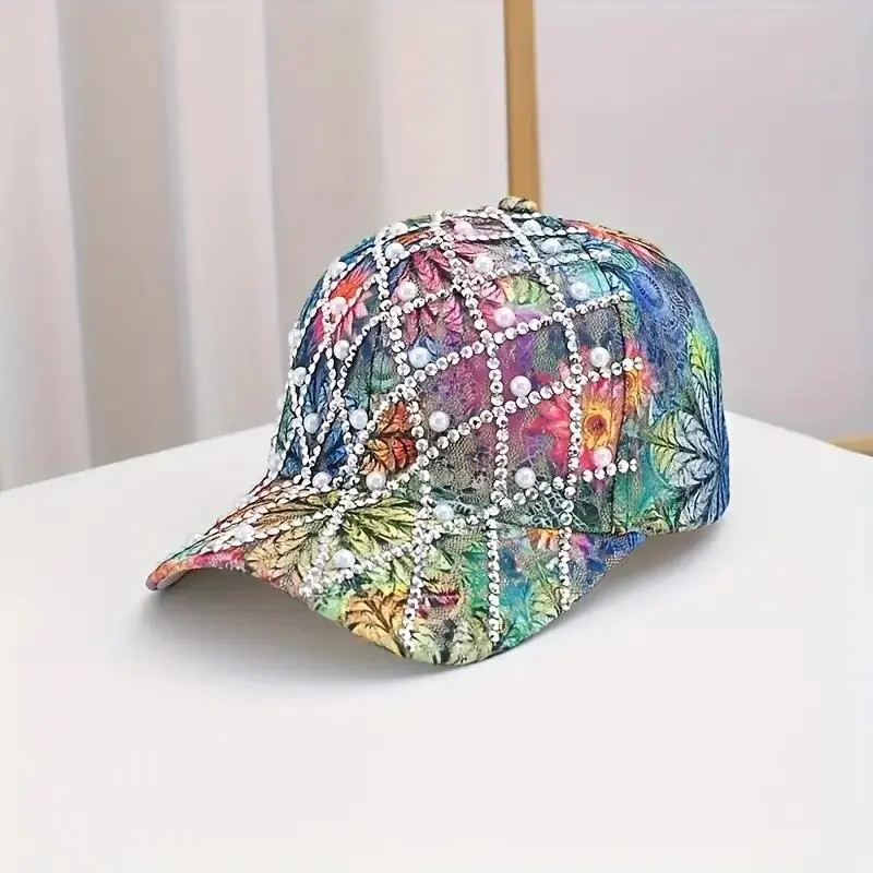 Women's Rhinestone Pearl Glitter Baseball Cap - Bling Sparkly Peaked Sun Visor Hat, Trendy Streetwear Snapback & Fashion Outdoor Accessories