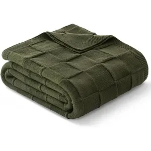 Checkered Knit Throw Blanket for Couch, Soft Decorative Knitted Blankets for Sofa Bed, Lightweight Cozy Throws for Spring Summer, 60x80 Inch, Olive