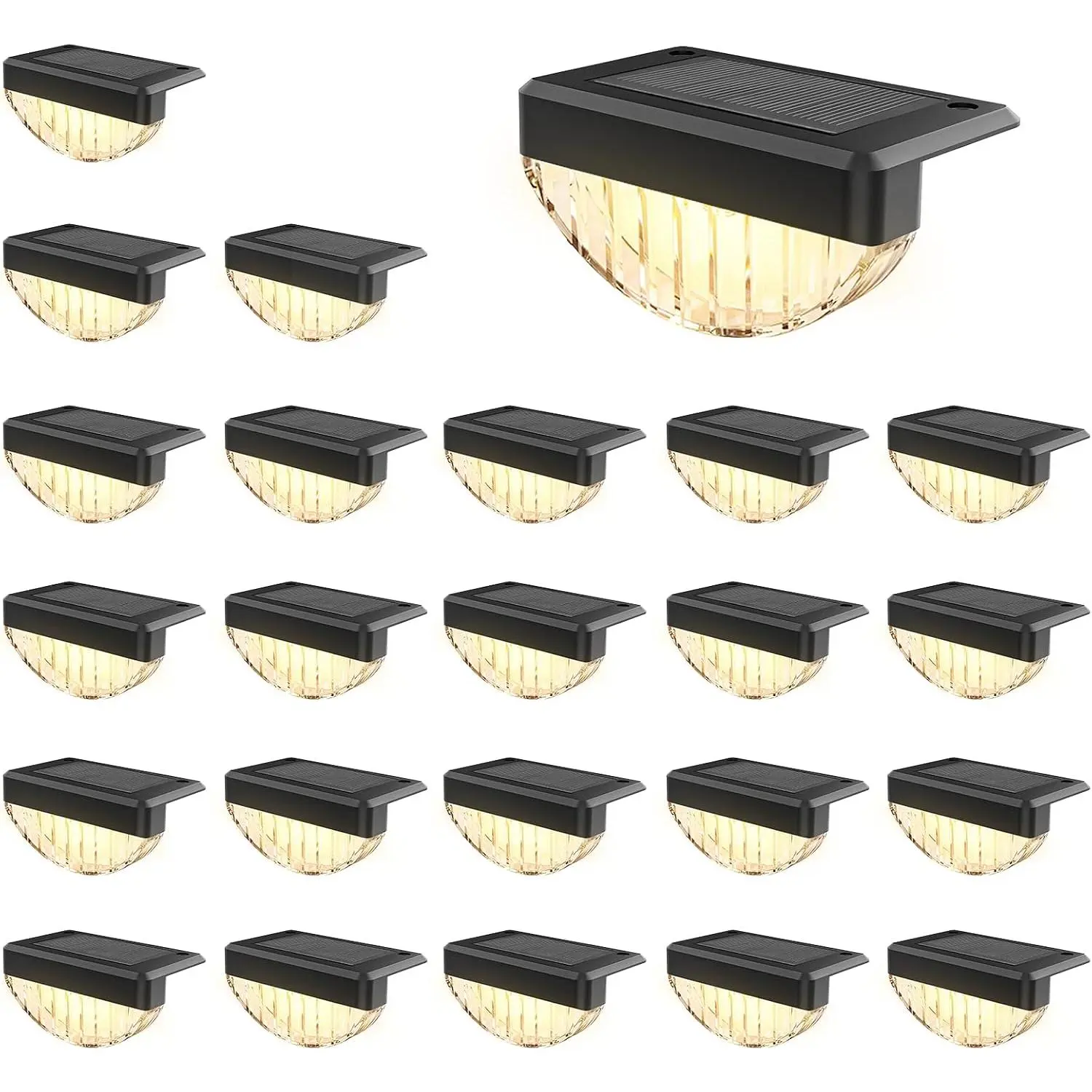 24 Pack Black Solar Deck Lights - Warm White LED Outdoor Step Lights with Double-Sided Tape, Epoxy Panel, 300mAh Battery, 9-12H Runtime, Waterproof for Patio, Stairs, Yard