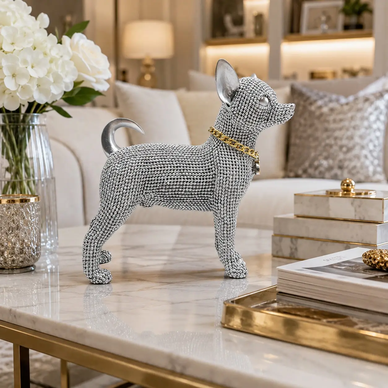 Diamond-Embedded Chihuahua Dog Ornament, Luxury Style Desktop Decor, Trendy Rhinestone Dog Craft Gift, Elegant Home Decoration, Resin Animal Ornaments