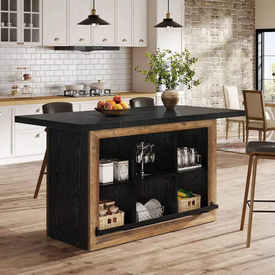 62.6" Rectangular Island With Storage, Counter Height Island Table With 6 Open Cubbies And Footrests, Coffee Bar Table Dining Room, Brown And Black