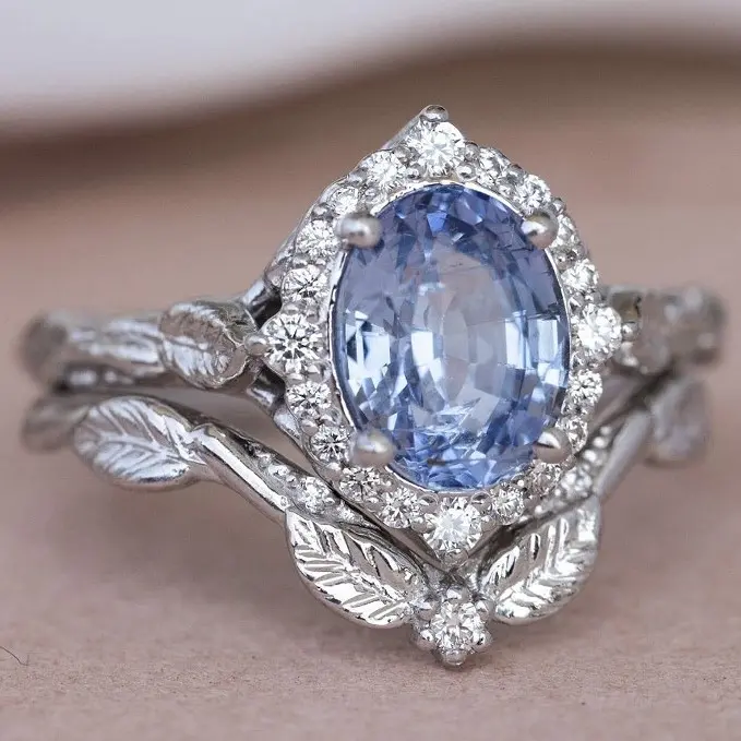 Women's Vintage Twig Leaf Ring Set, Sapphire Bridal Jewelry, Stackable Engagement Band for Wedding Proposals, Bridal Jewelry Set, Stackable Set