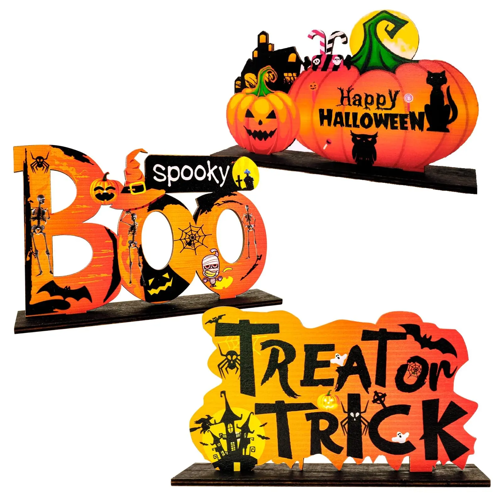 Halloween Wooden Desktop Decor Set, Fun Spooky Theme Centerpieces, Pumpkin Skull Bat Ghost House Decorative Designs, Home Party Fireplace Decoration, Autumn