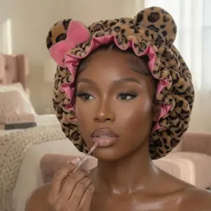 Sassy Leopard Plush Bonnet - Y2K Soft Girl Aesthetic Satin Sleep Cap & Cute Night Routine Accessory