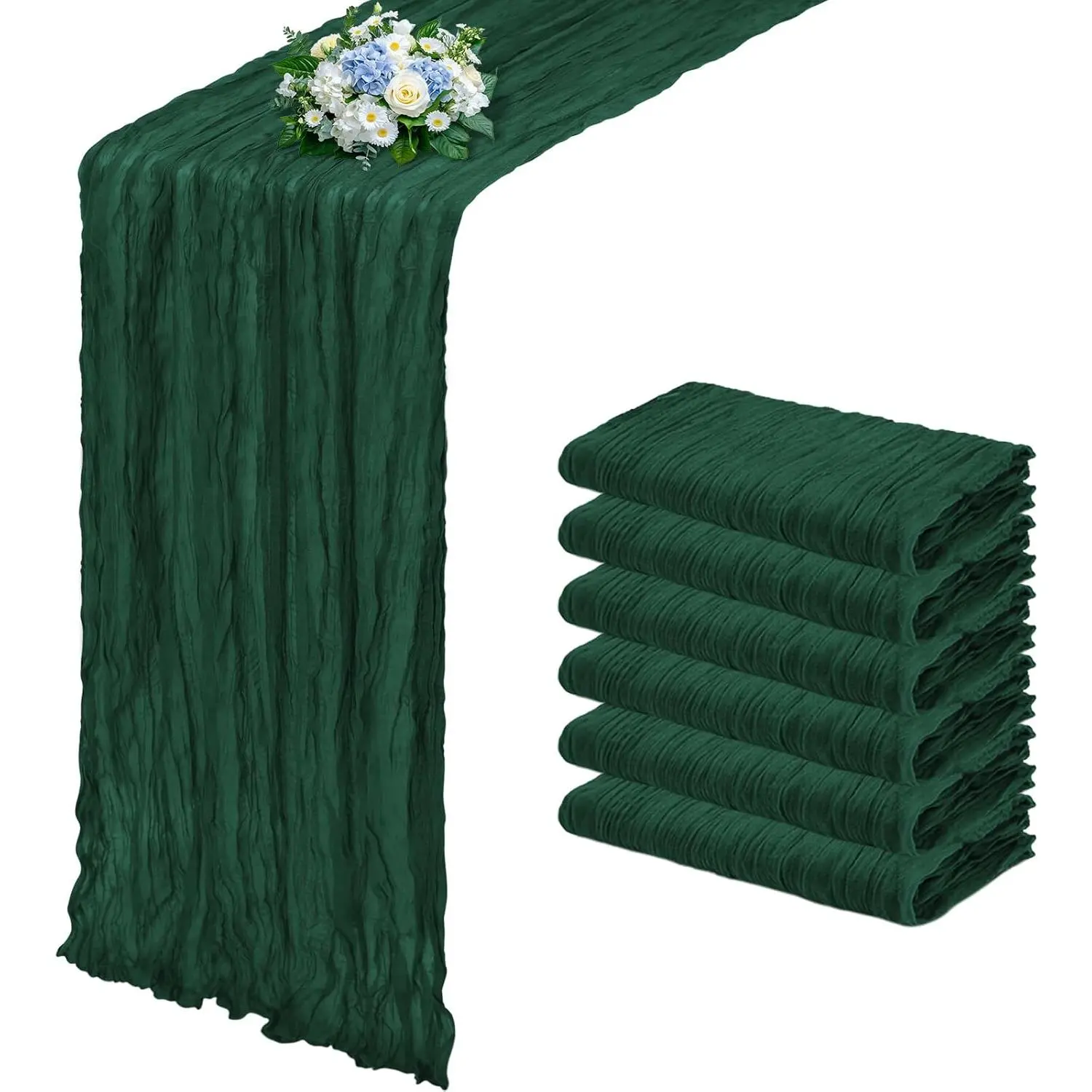 6 Pack Emerald Green Cheesecloth 17x108 Inch Semi Sheer Boho Gauze Cheese Cloth Table, for Wedding Baby Shower Birthday Home Decor Farmhouse